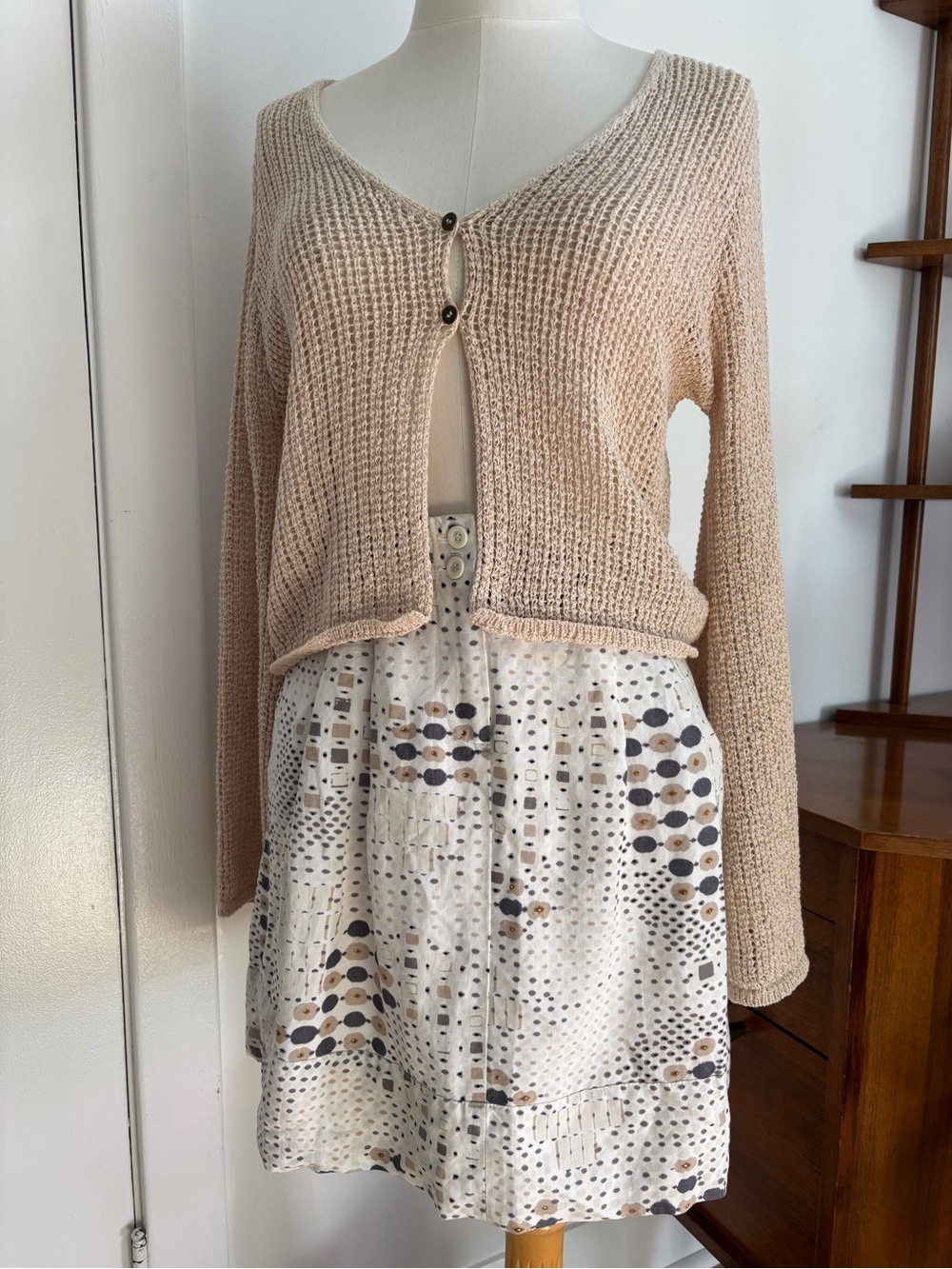 Sandro Paris Linen Rayon Skirt in Cream and Taupe